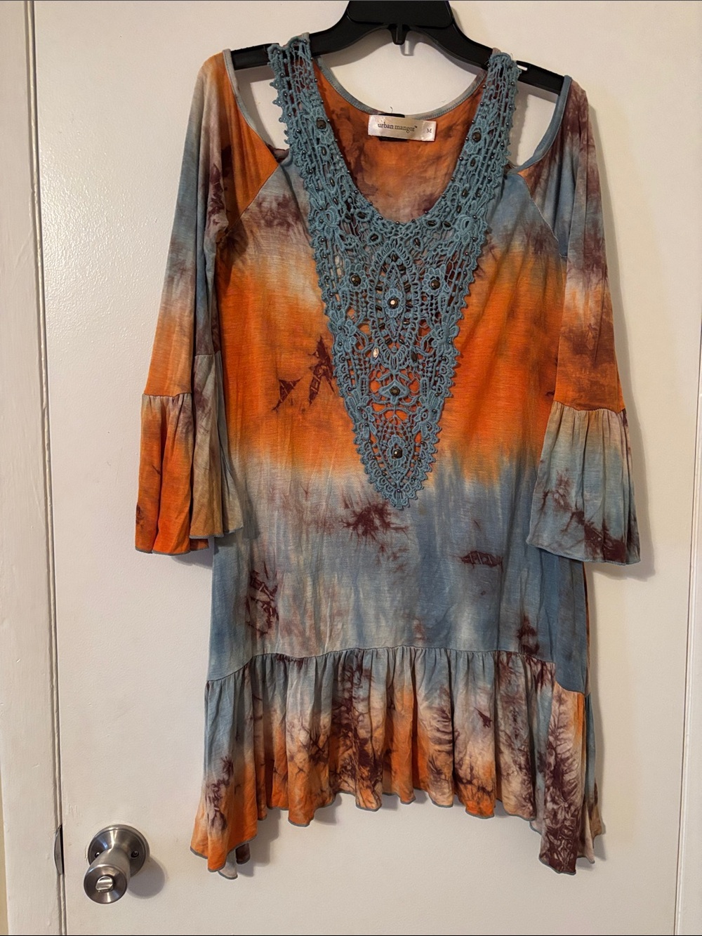 Women's Tie-Dye Crochet V-Neck Tunic Top - Orange & Blue